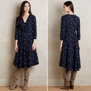 Anthropologie 11-1-TYLHO Navy Blue Floral Print Acadie Tie-Neck Dress